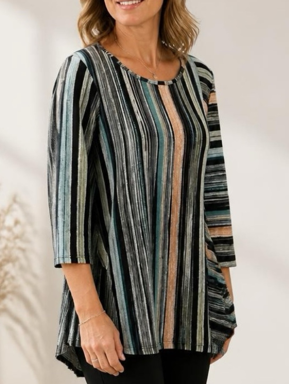 Onque Casual 3/4 Sleeve Stripe Boho Tunic Top